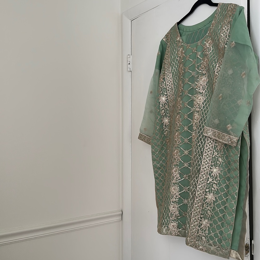 Green embroidered and sequined kameez shalwar
